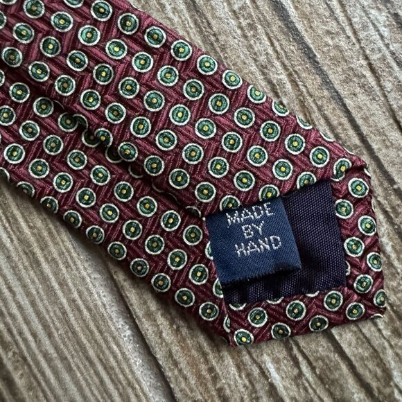 Polo By Ralph‎ Lauren Preppy Silk Tie Burgundy Green Gold Circles Handmade USA - Picture 4 of 7